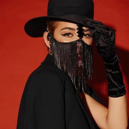 Xsbody 2023 Handgemaakte strass Crystal Wedding Face Black Tassel Mask For Women Hair Jewelry Festival Indian Bridal Accessories