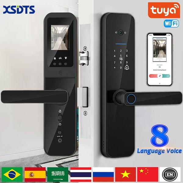 XSDTS TUYA WiFi Bloqueo de puerta inteligente electrónica digital con cámara biométrica Huella de huella inteligente Contraseña de contraseña Desbloqueo 231221