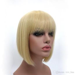 XT792 Lady GaGa039s coiffure pleine dentelle perruques de cheveux humains blonde droite courte Bob avec frange sans colle pour les femmes blanches synthétiques 7026744
