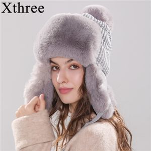Xthree Bomber Hats Winter Winter Women's Hat Warm kitte hoed met oor klep faux bont trapper cap met pom pom y200102