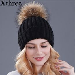 Xthree Natural Mink Fur Winter Hat For Women Girl's gebreide muts met Pom Brand Dikke dikke vrouwelijke cap Skulies Bonnet 220112221e