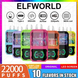 Originele elfworld puff 22k puffs wegwerp vape e sigaretten elf wereld vaper elektronische sigarettenbalk volledig scherm 26 ml e vloeibare luchtstroom 650 mAh batterij opladen