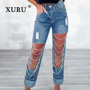 Xuru - Europese en Amerikaanse big gat jeans dames slijtage ketting hangende jeans k82-3286 240425