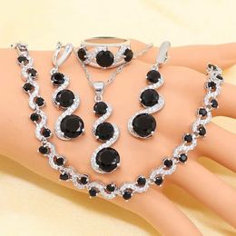 XUTAAYI-Conjuntos de joyería para mujer, de plata, con forma de flor, pulsera de circón negro, pendientes, collar, colgante, anillo, caja de regalo 240102