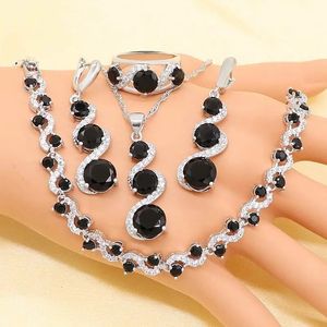 Xutaayi zilveren bruiloft sieraden sets voor vrouwen bloemvorm zwarte zirkoon armband oorbellen ketting hanger ring cadeaumbox 240506