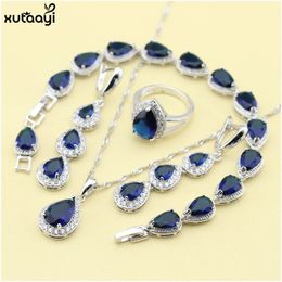 XUTAAYI – ensemble de bijoux en argent de qualité supérieure, collier/bagues/boucles d'oreilles/Bracelet saphir créés en bleu pour femmes, 240102