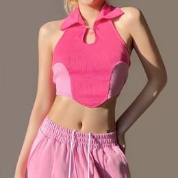 XUXI Vrouwen Sexy T-shirt Kant Halter Contrast Kleur Revers Bovenkleding Kleine Vest Vrouwelijke Zomer E1585 W220422