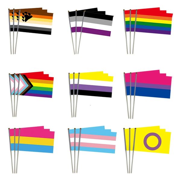 Xvggdg 100pcs 14 * 21cm Flag à main personnalisé Géminbowl arc-en-ciel Bannière Gay Pride Bisexual Pride Flag 240417