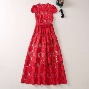 Falda roja XXL de longitud media para mujer, vestido de flores con gancho Soluble en agua, bolso de cuello redondo, novedad de Otoño de 2023, 607670