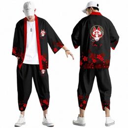 xxs-6xl Black Fox Impression Style japonais Fi Kimo et pantalon Set Hommes Cardigan Blouse Haori Obi Vêtements asiatiques f2EK #