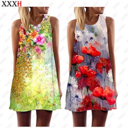 XXXH Vestido de flores Suelto Sin mangas Estampado 3D Casual Verano Una línea Vestidos de mujer Patrón Minifalda delgada 220713