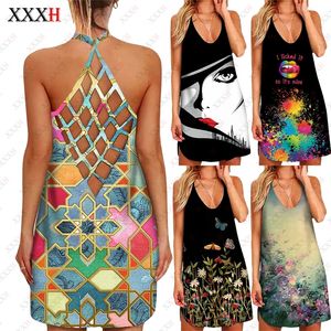 XXXH Women 3D Gedrukte Hollow Suspender Rok Sexy Vintage Ruffles Jurk Summer Boho Casual Party Elegante jurken 220613