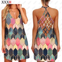 XXXH femmes Sexy 3D imprimé géométrique Art creux jarretelle jupe décontracté Y2k mode femme sans manches robe Streetwear 220713