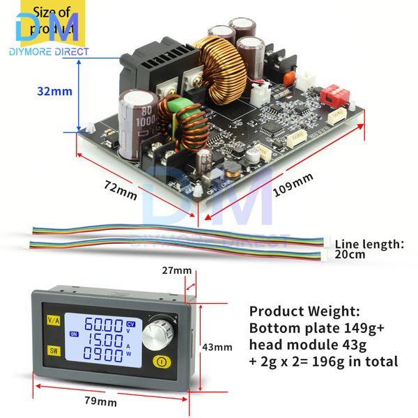 XY6015L CNC Ajustable DC Voltaje estabilizado Fuente de alimentación Voltaje constante y corriente constante de 15A/900W Módulo de paso hacia abajo