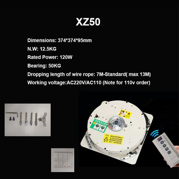 Polipasto de XZ50KG-7M para sistema de elevación de luz de araña, Motor de lámpara de cabrestante eléctrico de 110V,120V,220V,230V,240V