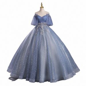 YM Nouveau Gris Bleu Quinceanera Dres Plus Taille Robes De Bal Avec Manches Puffy Dres Pour Bal Doux 16 Dr Robe De 15anos U0Pg #