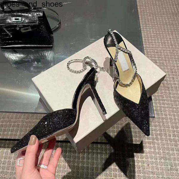 Chaussures habillées en chaîne avec strass en forme de Y, talons aiguilles, robes de mariée, sandales à talons aiguilles, bout pointu, chaîne en diamant brillant, cuir verni