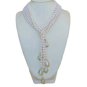 YﾷYING 3 brins de culture de riz blanc en forme de larme de perle Lariat longue chaîne de pull collier 50''