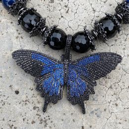Y · ying blue tijger oog ronde gladde zwarte onyx ketting kubieke zirconia pave vlinder hanger 20 "voor vrouwen
