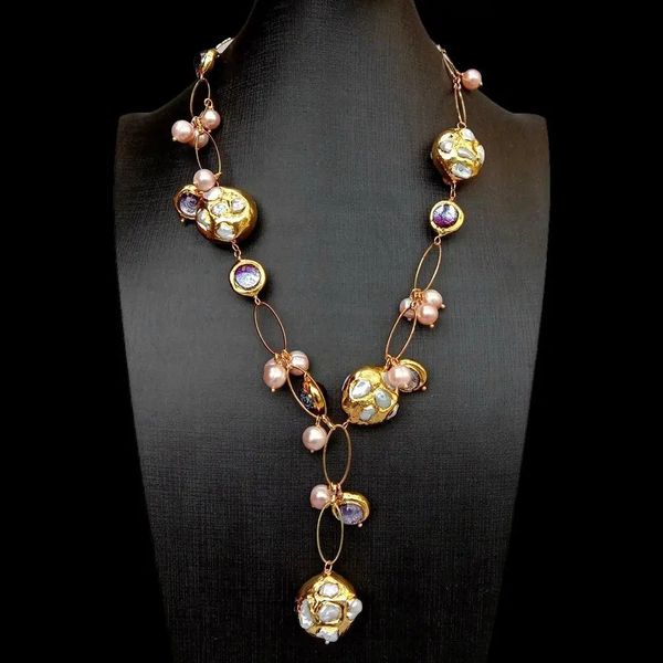 Y · YING Collar YDrop con cadena de cristal de Murano rosa y púrpura con perlas Keshi blancas cultivadas en agua dulce 240115