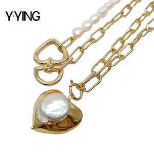 Y · YING naturel 2 rangées de culture baroque blanc déclaration chaîne collier en forme de coeur perle pendentif collier pour les femmes