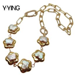 YﾷYING punk natural cultivado blanco Keshi flor perla color dorado eslabón cadena gargantilla collar 20"