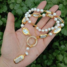 Y: Ying Zoetwater Grown White Biwa parel rechthoek ronde parel Y-drop ketting 18,5"