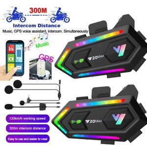 Casco de motocicleta Y20 MAX, intercomunicador con auriculares Bluetooth con mezcla V5.3 IPX6, resistente al agua, RGB, efecto de luz colorida, batería de 1000mAh