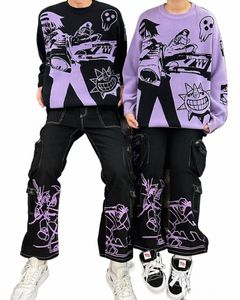 Y2K Conjuntos de 2 piezas Suéter Jeans Hombres Mujeres Gótico Oversize Anime Prendas de punto Bordado Jersey Harajuku Hip Hop Streetwear Pantalones A2s7 #