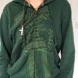 Y2K esthetische vrouwen hoodies met zakken 90s vintage grafische gedrukte ritssluiting hoodie kleding e-girl sweatshirts lente herfst top 210909