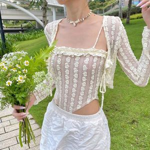Y2K Aesthetics Cute Ruffles Trim Bandage Lace 2 Piece T-shirts 2000s Fashion Long Sleeve Covers and Camis Sweet Outfits 220602