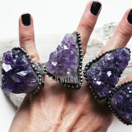 Y2K Amethyst Cluster Druzy Geode Stalactite Fleur Crystal Crystal Ajustement Femmes Anneau Wicca Boho Hippy Goth Witch Bijoux 240521