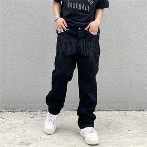 Y2K – jean Baggy noir pour hommes, Streetwear américain rétro imprimé avec lettres, pantalon droit hip hop en Denim ample, 240117