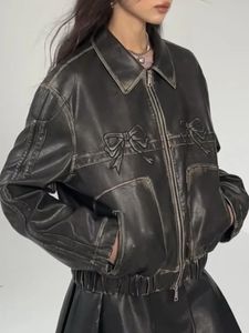 Y2k Bomber Veste Femmes Vintage Harajuku Bow Imprimer PU Manteaux En Cuir Femme Mode Coréenne High Street Zipper Moto Vêtements D'extérieur 240115