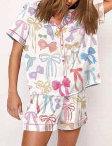 Y2K Bow Boots Print Satin Pyjamas Short Set voor Valentijnsdag Satin Silk PJS Sleepwear Loungewear Lounge Set voor vrouwen 240426