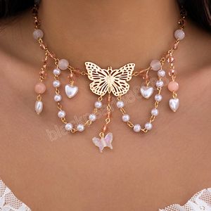 Y2k borboleta charme acrílico contas de cristal borla colar imitação pérola gargantilha para mulheres pescoço corrente jóias colar presente
