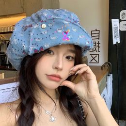 Y2K Butterfly Pequeñas boinas de nubes de lentejuelas para mujeres Spring and Summer Corean Ins Nicho de Sweet Octogonal Hats 240522