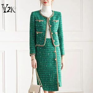 Y2K kleding Runway Winter Tweed Jurk Set Herfst Dames Feestkostuums Pailletten Plaid Kantoor Wollen Jas Jas met Rok 2 Stuk 240219