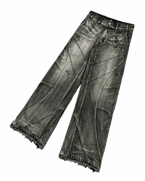 Y2K Détruit Couture Jeans Hommes Noir Wed Jeans Style Gothique Street Tendance Vêtements Rétro Lâche Pantalon Large Fall Guys G6J4 #