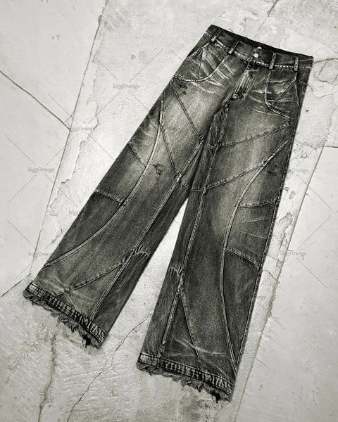 Y2K Détruit Couture Jeans Hommes Noir Lavé Style Gothique Rue Tendance Vêtements Rétro Lâche Pantalon Large Fall Guys 240112