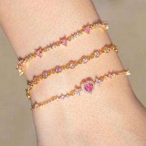 Y2K Exquisito Sweet Pink Zircon Love Heart Chain Bracelet for Women Girls Party Birthday Jewellry Gift 240423