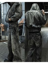 Y2k Mode Amerikaanse Kwastje Zwart En Grijs Gewassen Jeans Mannen Straat Gothic Punk Stijl Tieners Retro Losse Wijde pijpen Broek 240122