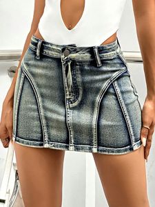 Y2K Fashion Women Carnival Holiday High cintura Solid Fake Pocket Skinny Mini A-Line Denim Skirt Streetwear 240326