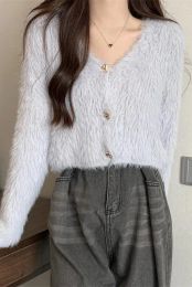 Y2K Fluffy Soft Short Short Sweater Dames Autumn Winter Outerwear Plush Cardigan Crop Tops Pink Cardigan