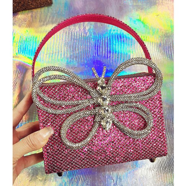 Y2K Gen-Z Sac carré en satin : Strass papillon, 23Collection Sac carré diamant Strass Bandoulière Porté à la main Épaule Blogger diamant rose