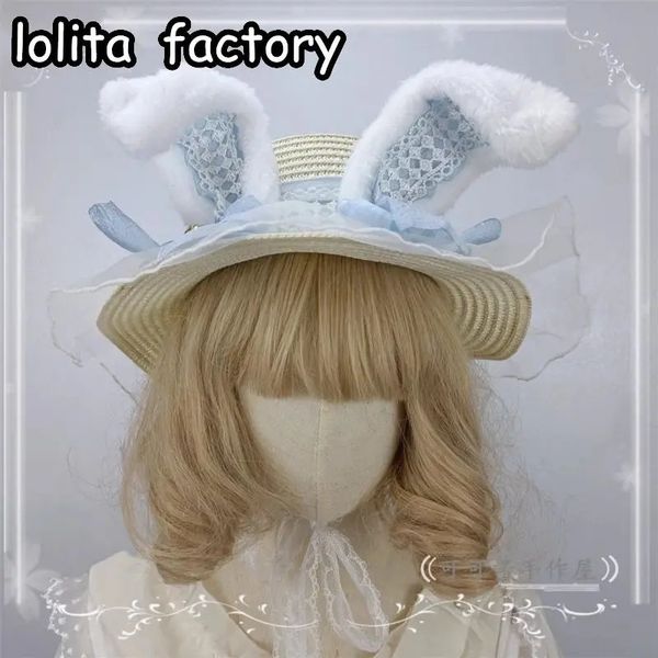 Y2k fille lolita paille chapeau mignon paille douce paille tressée lait blanc lapin oreilles d'été