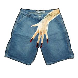 Y2K Haruku hiphop print retro blauwe baggy denim gym heren dames gotische basketbalshorts over de knie broek