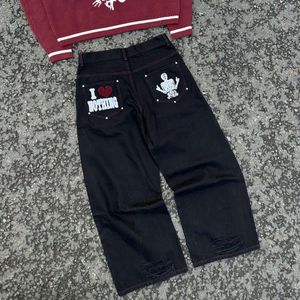 Y2K Haruku Hip Hop rétro crâne graphique Baggy jean pantalon noir hommes femmes nouveau taille haute large pantalon Streetwear