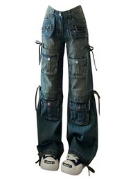 Y2k Haruku Multi Pocket Blue Denim Cargo Lage Taille Wijde Pijpen Jeans Vrouwen 2023 Kpop BF Stijl Streetwear Broek