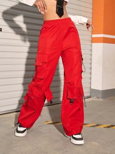 Y2K High Street Trend Hip Pop Flap Pocket Side Solid Color Elastic Taille Losse rechte vrachtbroek Streetwear 240424